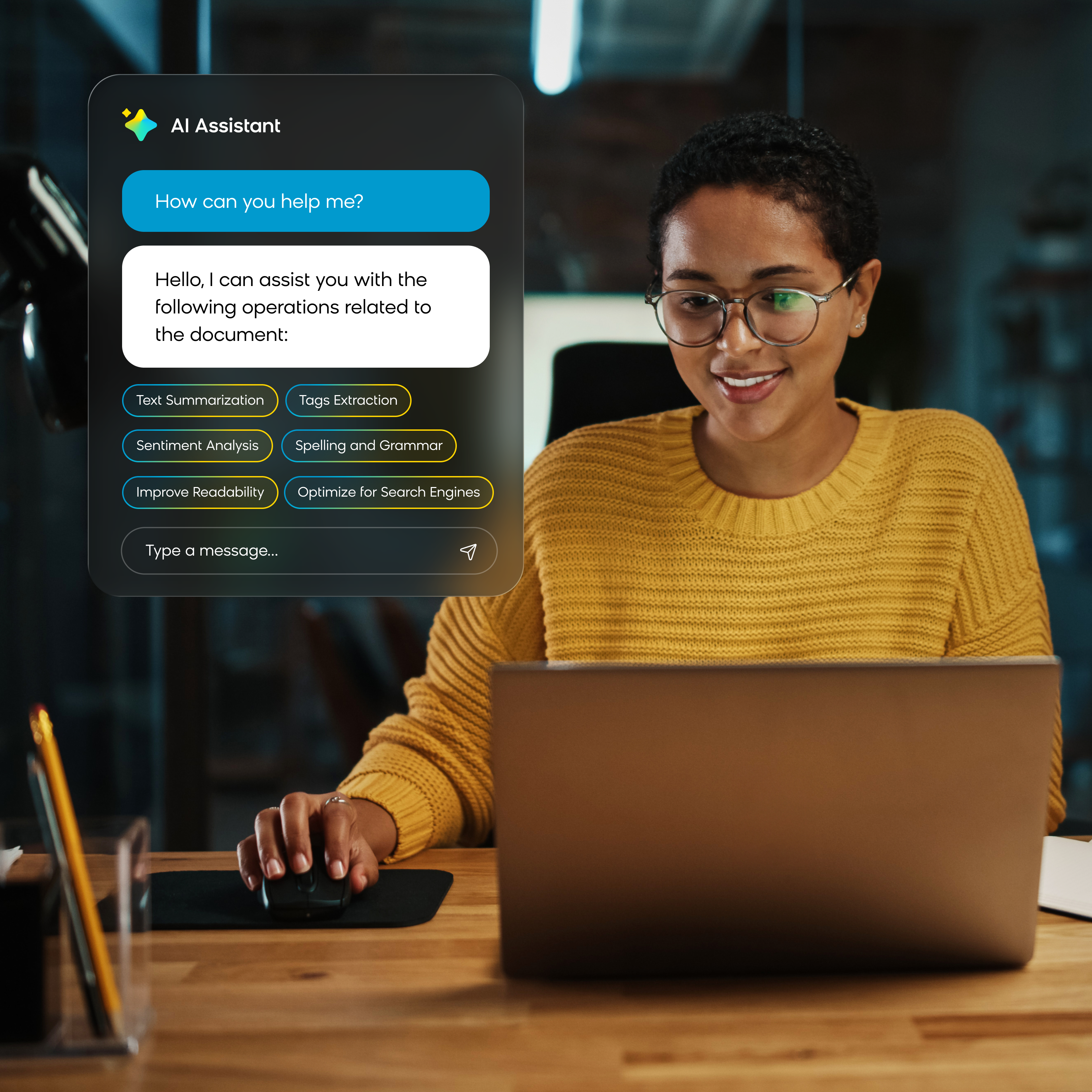 Bloomreach Content AI Assistant helping a user on a laptop
